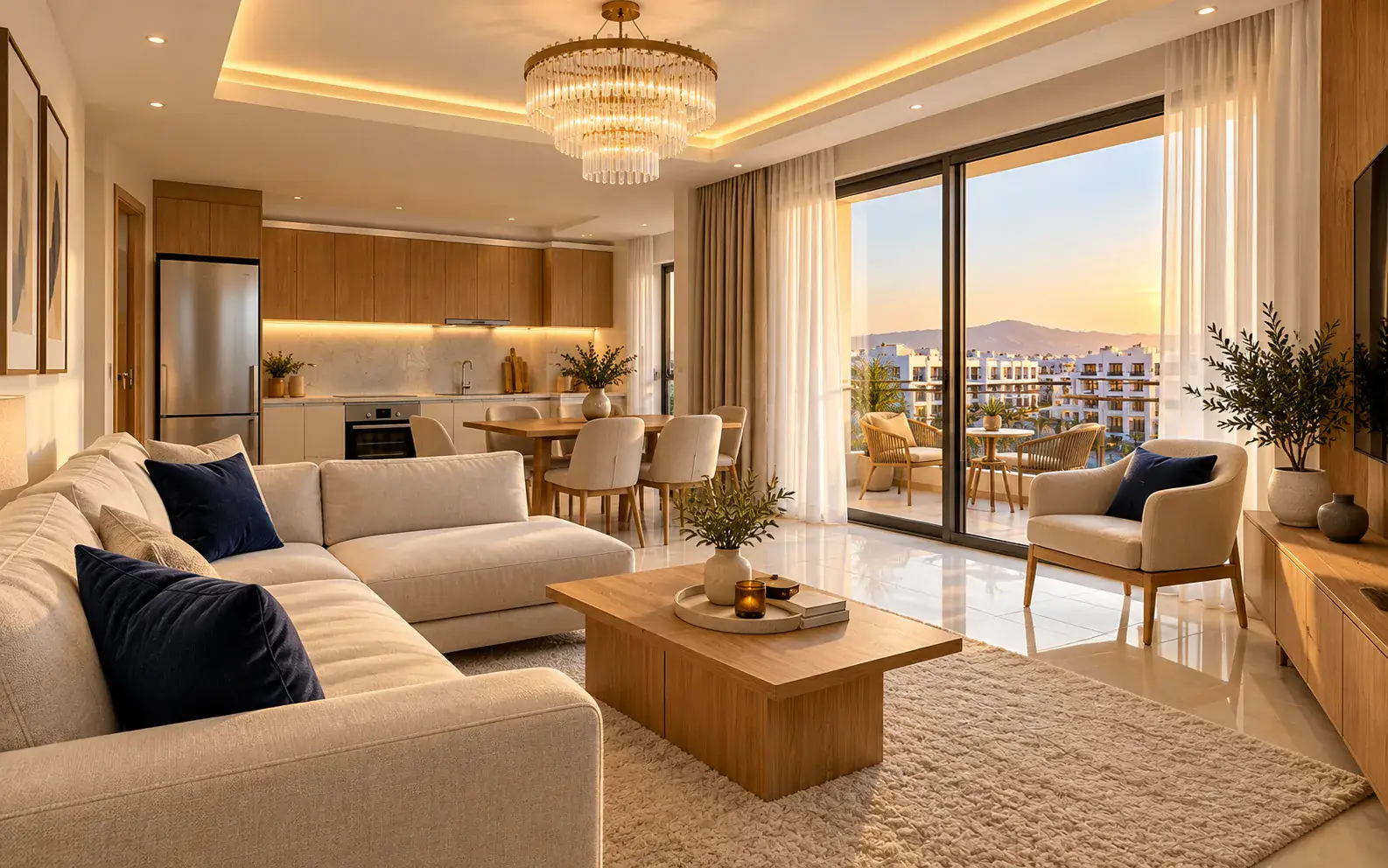 Exemple d'aménagement d'un appartement 2 chambres : salon avec lustre en cristal, coin repas, cuisine ouverte et balcon