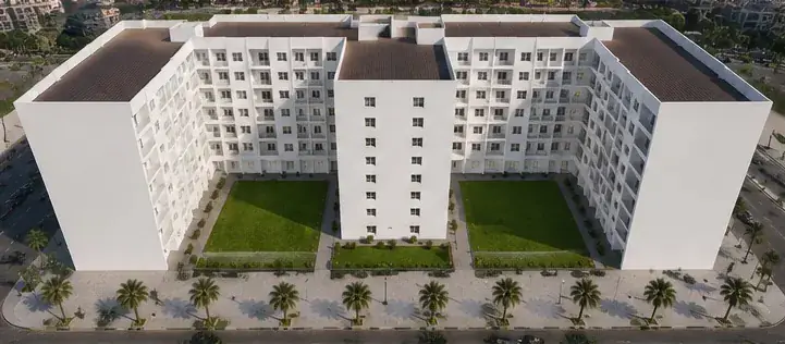 Vue aérienne de la résidence avec ses deux jardins intérieurs
