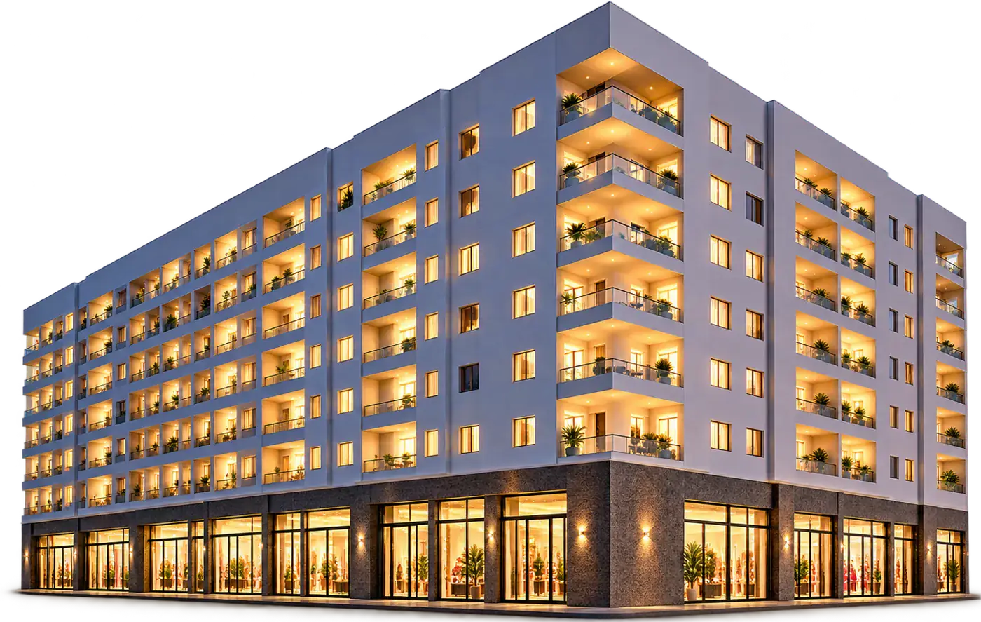 La résidence Yacout de nuit, balcons et commerces du rez-de-chaussée éclairés