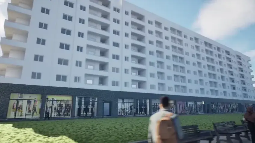 Maquette 3D : rez-de-chaussée vitré avec commerces, pelouse et bancs