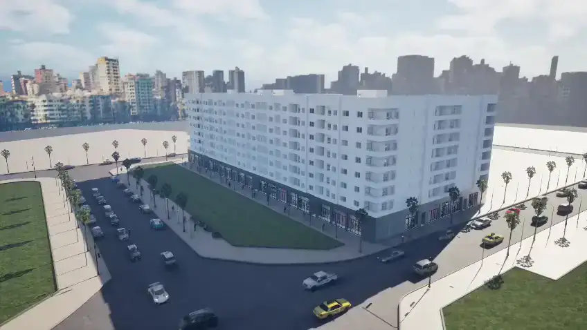 Vue aérienne de la maquette 3D de la résidence Yacout : bâtiment en U, toitures et deux jardins intérieurs